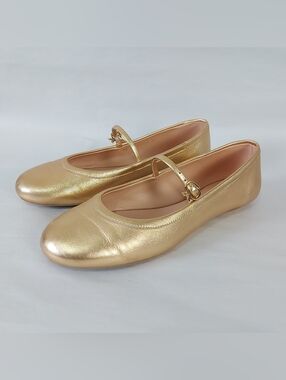 Gianvito Rossi Carla Metallic Gold Leather Mary Jane Flats 36 Buckle Ballerina